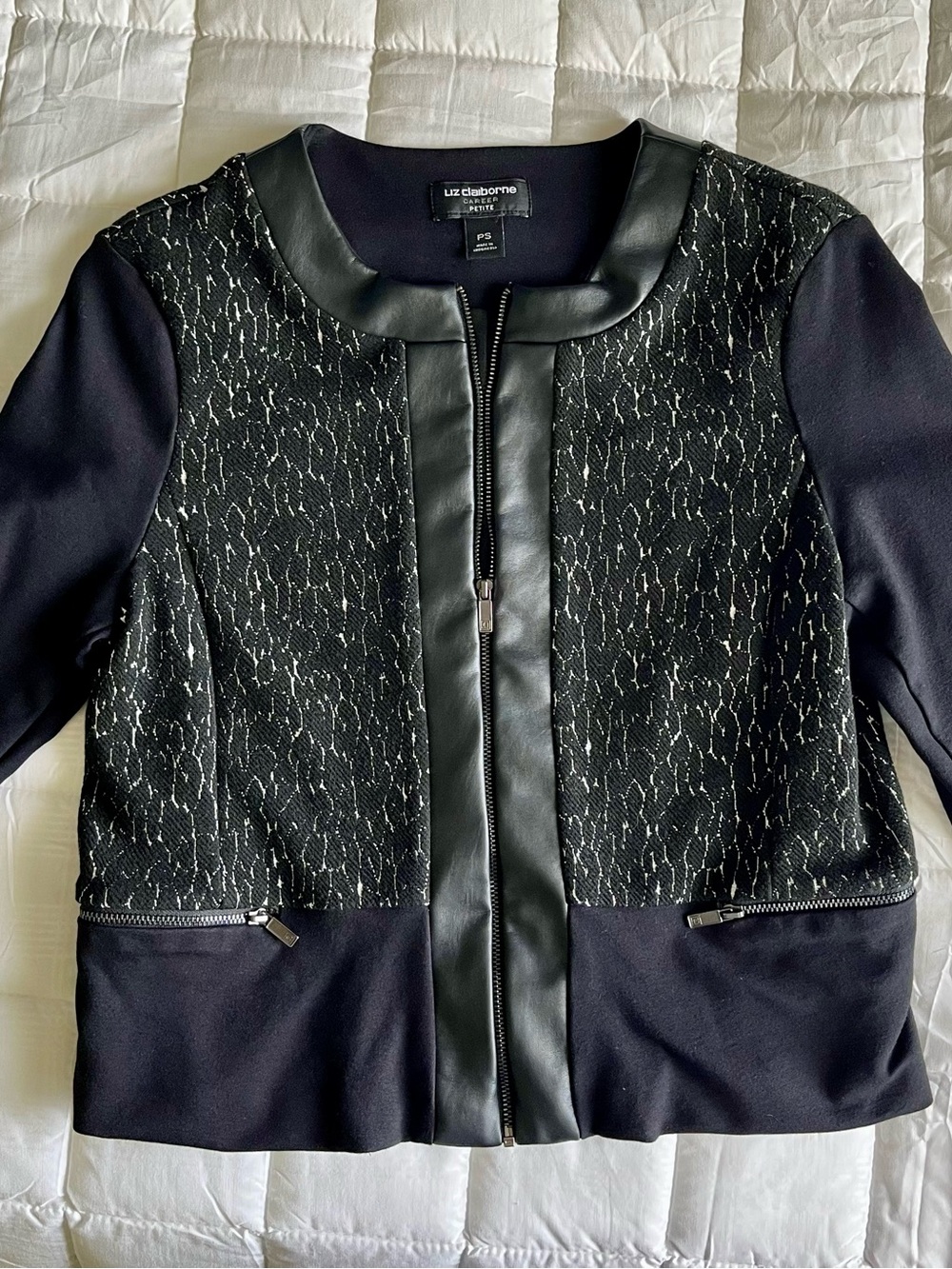 Liz Claiborne Black Textured Panel Jacket with Faux-Leather Trim